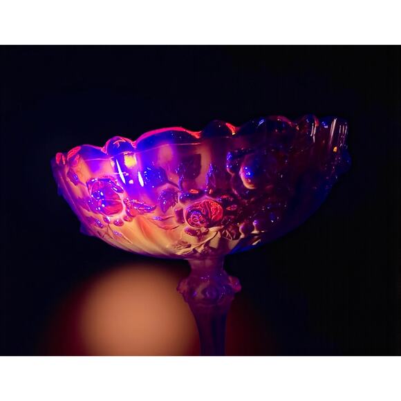 Fenton Tangerine Amberina Rose Compote Pedestal Candy Dish-Vintage MCM-UV Glow - Picture 6 of 10